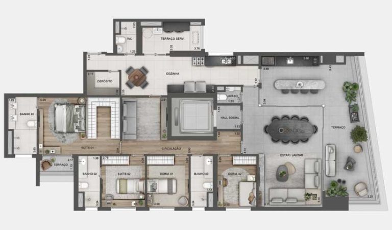 Planta tipo de 213m² - 2 suítes