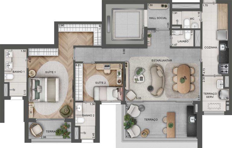 Planta tipo de 110m² - 2 suítes