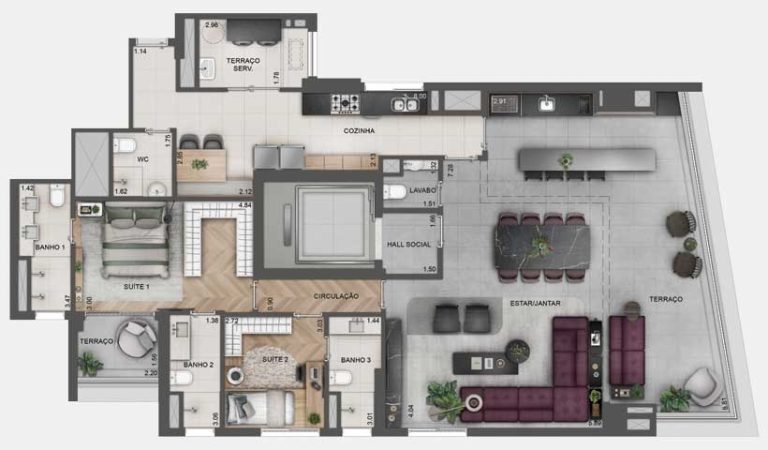 Planta tipo de 166m² - 2 suítes