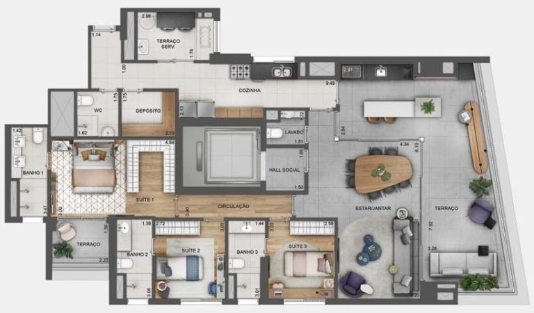 Planta tipo de 166m² - 3 suítes