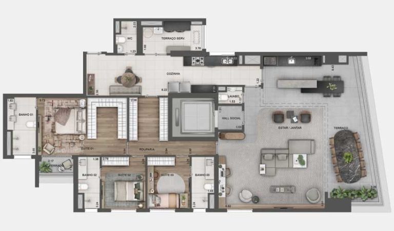 Planta tipo de 213m² - 3 suítes